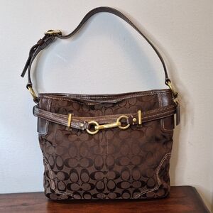 Coach Brown Signature Jacquard Shoulder Bag with Gold Hardware